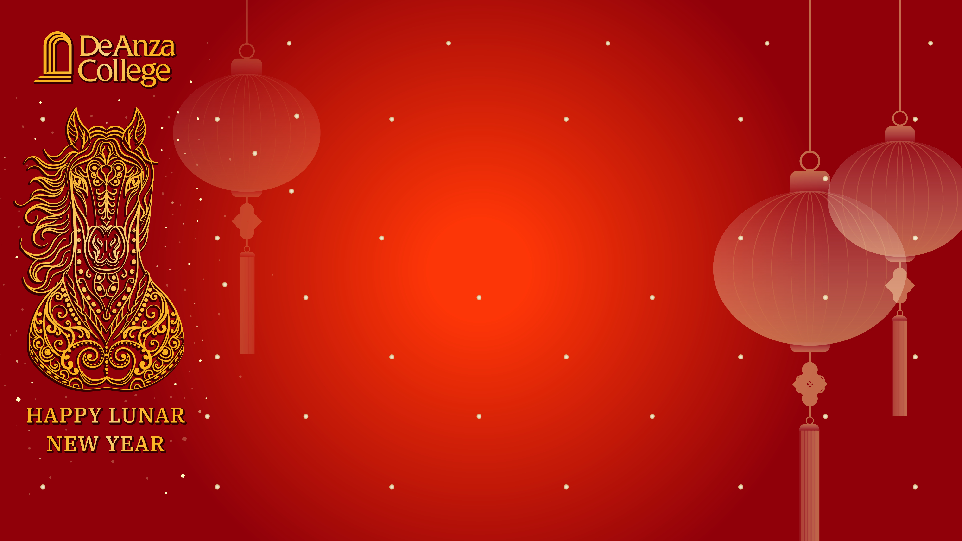 Red background with horse outline, lanterns and white dots